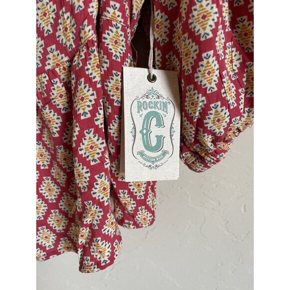 New! Rockin' G Tribal Aztec Geometric Southwestern Peasant Top Sweetheart Smocki - Picture 3 of 9